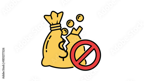 Broken money bag with coins falling out and a forbidden sign, symbolizing financial loss and poverty.