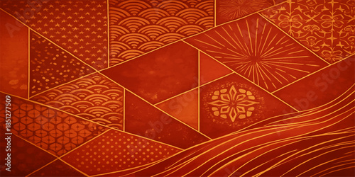 Abstract red and gold background featuring a seamless floral pattern with vintage Thai ornament textures for a decorative antique wallpaper design