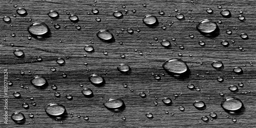 Abstract macro texture of clear blue water droplets forming a wet rain pattern on clean metallic and glass surfaces with condensation and dew reflections