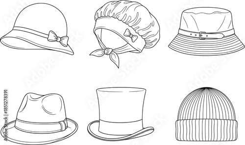 Set of detailed black and white hat line art icons featuring fedora sun hat beanie and bucket hat vector.