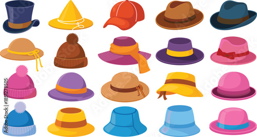 Vibrant collection of colorful hat icons including top hat beanie fedora and sun hats vector illustration isolated set.