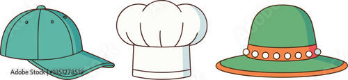 Set of headwear icons including teal baseball cap white chef hat and green sun hat vector illustration isolated.
