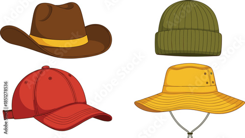 Set of realistic hat icons including cowboy hat beanie red baseball cap and sun hat vector illustration isolated.
