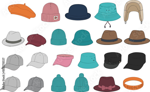 Large collection of various hat icons featuring beret beanie fedora bucket hat and baseball caps vector illustration isolated.