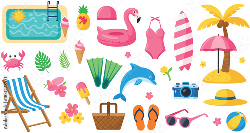 Summer beach vacation icon set with tropical elements swimming accessories seaside activities and colorful holiday objects