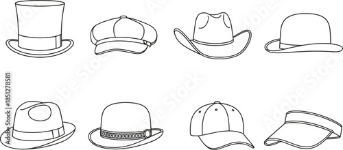 Hat outline icon set with classic headwear styles including top hat fedora cap and visor line art