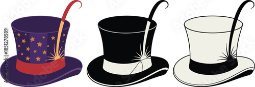 Elegant top hat collection with feather decoration in colorful black and white styles for vintage fashion designs