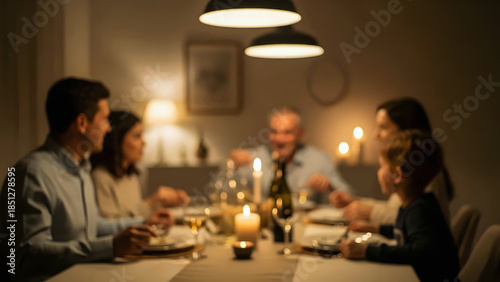 Happy Family Having Dinner Together at Home, Emotional Togetherness and Love Concept , blurred photo