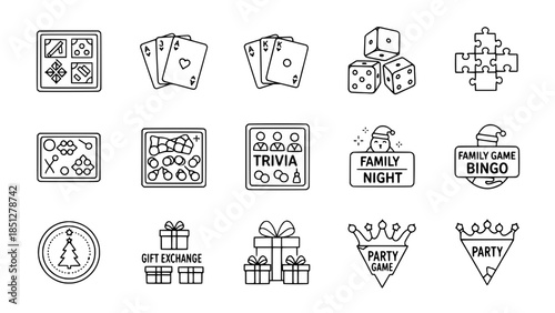 Assorted games showcase entertainment in a holiday celebration featuring festive designs or Christmas party games promote social gathering with fun activities