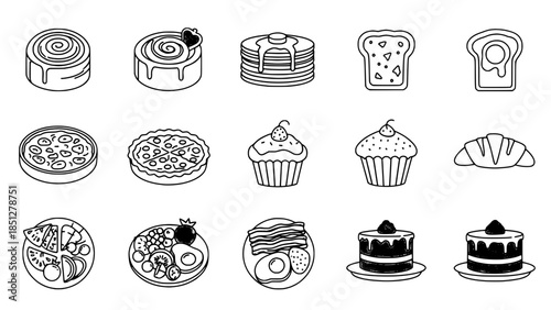 Breakfast pastry icons illustrate diverse meals in outline style or assorted food items display menu options in linear drawing
