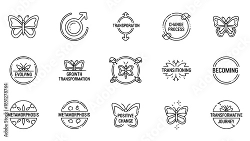 Butterfly icons representing evolving transformational growth in business development or positive change emblems with metamorphosis journeys