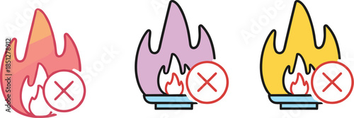 No fire allowed flame icon set with crossed symbols in colorful flat and outline vector styles