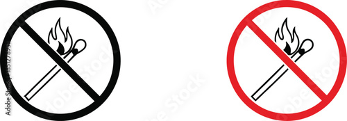 No matches allowed prohibition symbol icons with crossed burning matchstick for fire safety warning signs