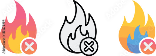 No fire allowed flame icon set with crossed symbols in flat outline and colorful vector styles
