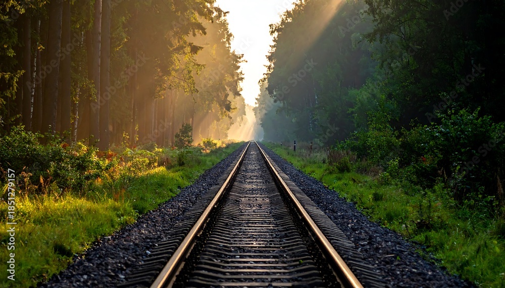 Obraz premium Sunbeams illuminating a train track through a forest