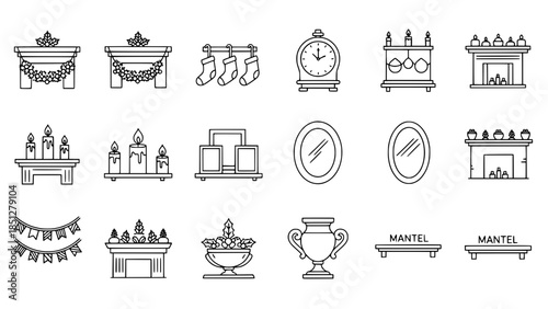 Christmas mantels display seasonal decorations in minimal outline style or christmas mantelpieces show holiday adornments in simple linear design