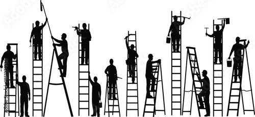 Silhouette collection of industrial construction workers and maintenance technicians on tall ladders for professional building and repair services