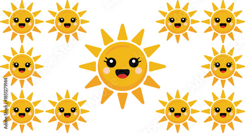 Set of cute cartoon sun characters with happy smiling faces for kids nursery decor summer weather and sunshine stickers