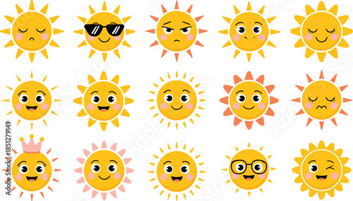 Collection of cute cartoon sun emojis with diverse facial expressions including happy sad cool and winking for children stickers