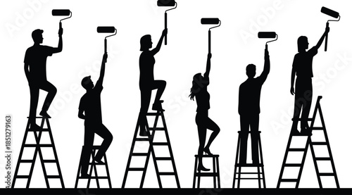 Set of silhouettes of professional house painters on ladders using paint rollers for interior wall renovation and home improvement services
