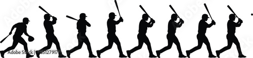 Baseball batting swing motion sequence showing player hitting progression sports action black silhouette vector illustration
