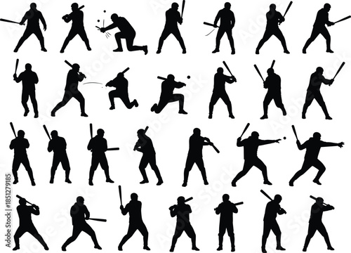 Baseball player action silhouette collection with batting throwing and running poses sports motion black vector set