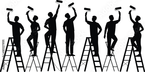 Silhouette set of professional painters on ladders using rollers for wall renovation home improvement and construction service branding