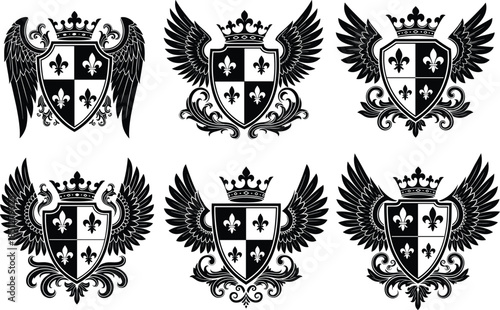 Ornate winged heraldic shield crests with crowns fleur de lis and baroque details black vector set