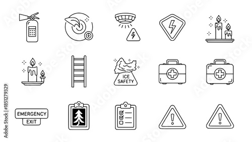 Emergency safety icons provide information about hazards in outlined style or fire safety items illustrate protection in minimalist design
