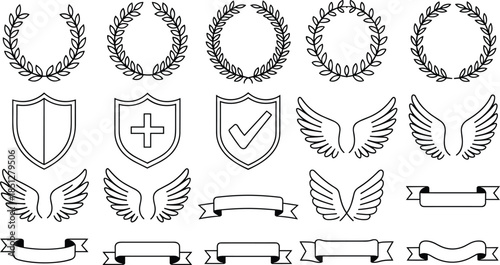 Heraldic line art elements with laurel wreaths shields wings and ribbons black outline vector set