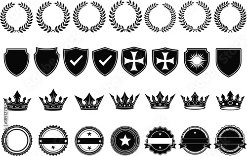 Heraldic badge and emblem collection with laurel wreaths shields crowns and seals black vector set