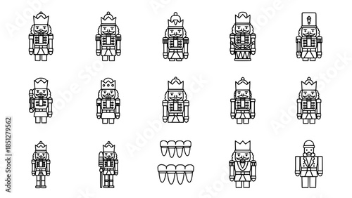 Ornate nutcrackers stand outlined in row isolated set displaying variety or diverse toy soldiers parade graphic collection showing differences