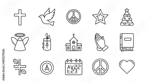 Religious outline icons depict faith elements in line art against white or christian outline symbols present various themes on white