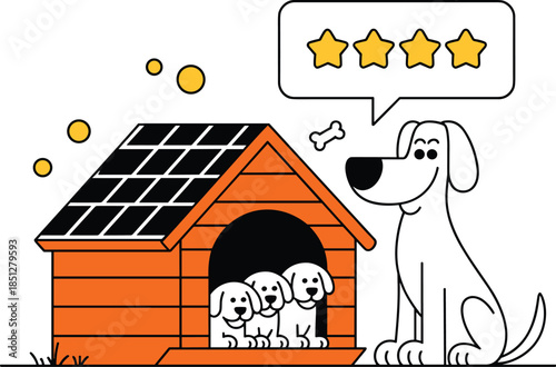Five star luxury doghouse illustration featuring cute white puppies sitting in a kennel with bone and rating icons.