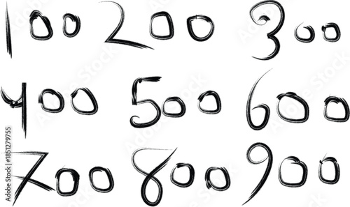 Handwritten numbers 100 to 900 isolated on transparent background