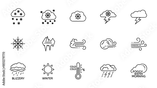 winter icons representing weather conditions in line style or weather symbols display meteorological phenomena with outline design