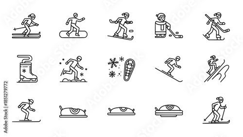 Winter sports icons depict people exercising outdoors on white background or snowy winter activities icon set showing people playing in snow