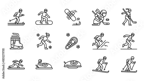 Winter sports icons present various activities in a vector representation or Winter sports icons depict people doing recreational activities in a simple style