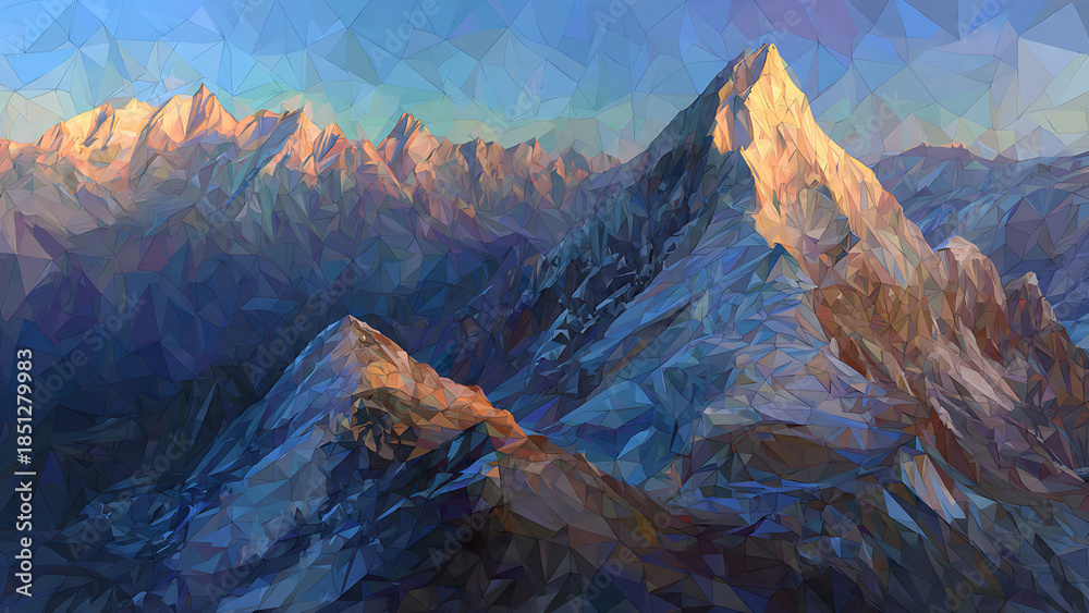 Obraz premium Impressionist oil painting brushstrokes applied to a low poly 3D geometric mountain range.