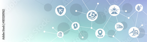 Aviation vector illustration. Blue banner with icons related to aerospace - airport operation, management & maintenance - airplane / airliner - airport industry, service & crew.