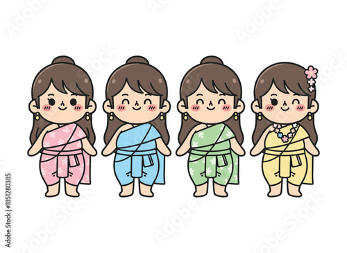 Cute cartoon girls wearing colorful traditional Thai dress standing happily