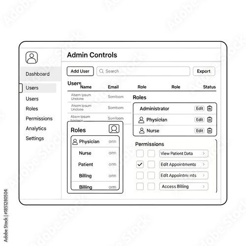 Wireframe of an admin control panel for user, role, and permission management in a healthcare or business application.