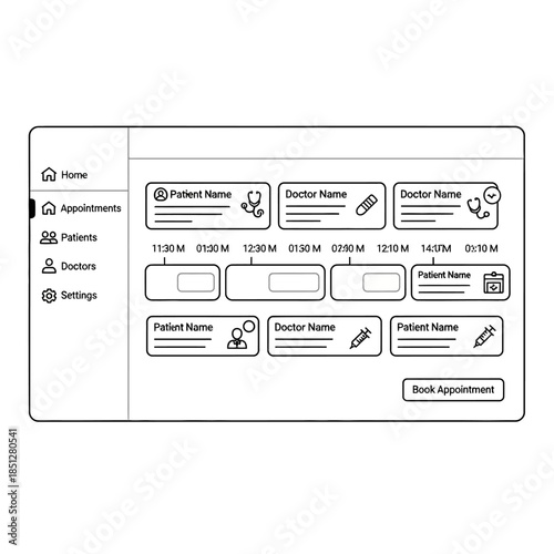 Wireframe of a medical appointment management system dashboard showing patient and doctor details with time slots.