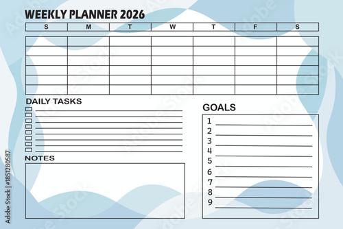 Efficient weekly planner template for 2026 with dedicated sections for daily tasks, goal tracking, and notes, designed to enhance personal and professional organization