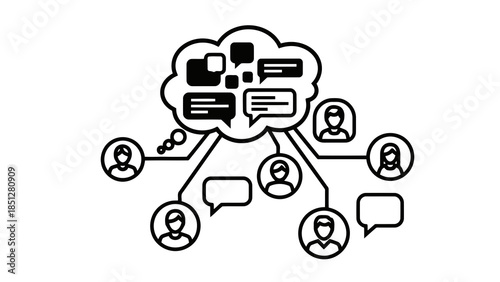 Connecting people in a network, representing communication and shared ideas through speech bubbles.