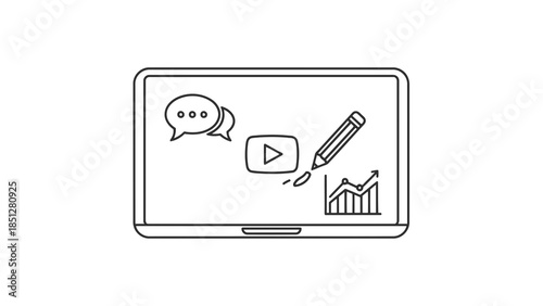 Online learning, video creation, and business analytics represented on a laptop screen