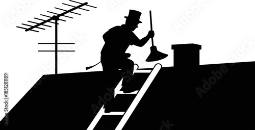 Vector Illustration of a Chimney Sweep Silhouette on a Roof, Featuring a Professional Worker with a Brush, Ladder, and Antenna