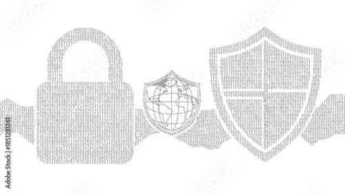 Digital security icons formed from binary code: lock, globe shield, and shield (80 characters)
