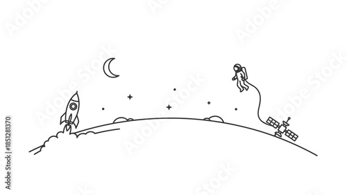 Line art illustration of astronaut floating in space near rocket and satellite on lunar surface