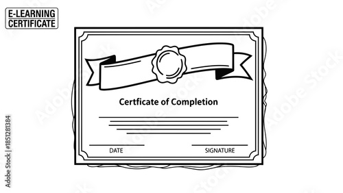 E-learning certificate of completion icon illustration - achievement and education concept